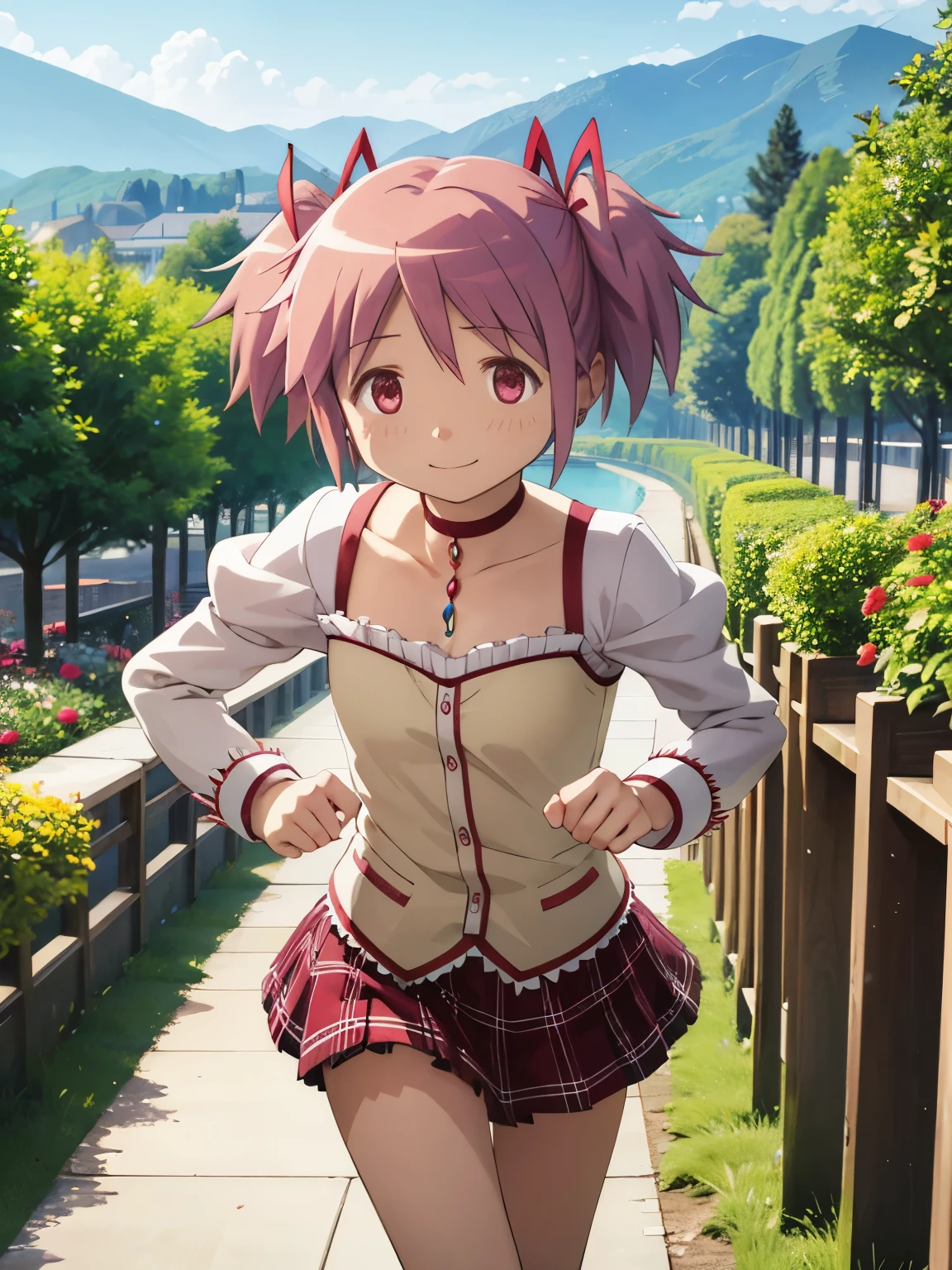 alone, One person, Madoka Kaname、garden、smile、Beautiful eyes that shine with light、 (running:1.5)、madoka magica, Madoka Kaname, Madoka Kaname, Pink Eyes, puppet, Pink Hair, short hair, Twin tails, short Twin tails, Hair Ribbon, Red ribbon, Magical girl, choker, whole body, Front view:0.6、Closed Mouth、smile,(Genuine、Realistic、Realistic:1.3)、High resolution、超High resolution、Ultra-fine painting、Sharp focus、Physically Based Rendering、(Flowing Scenery:1.5),Cowboy Shot、kaname、Beautiful thighs、