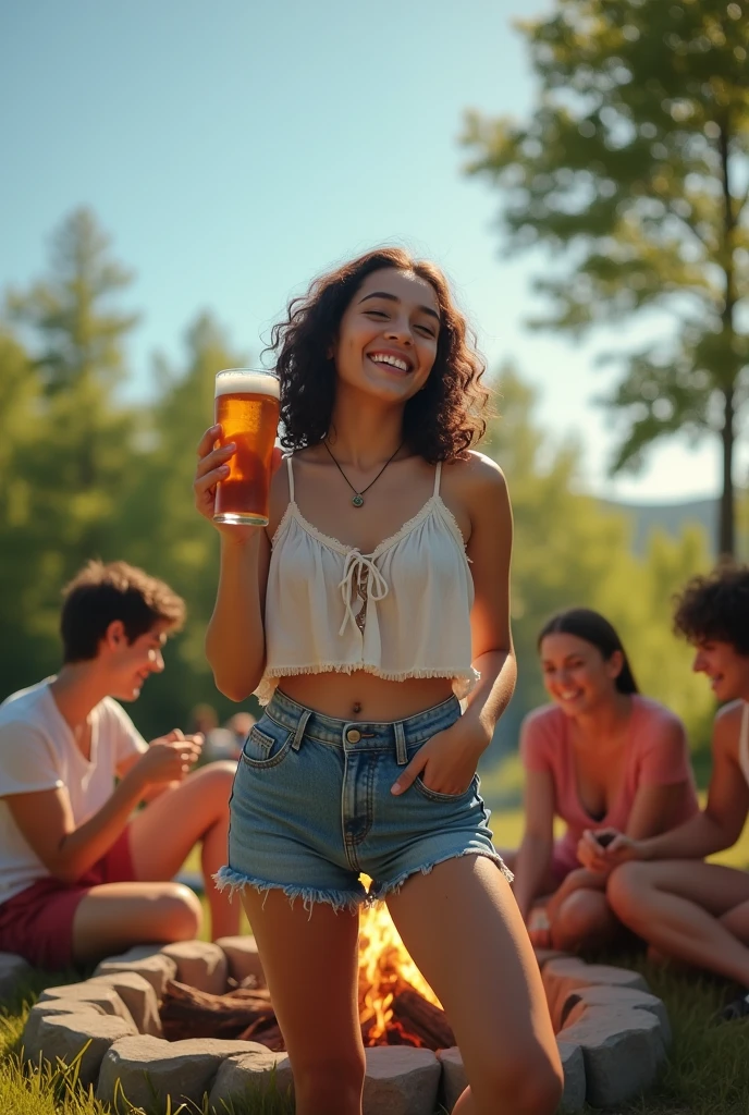 Asian Girl、21 years old、Outdoor、camp、Beer 、camisole、Shorts、Sandals