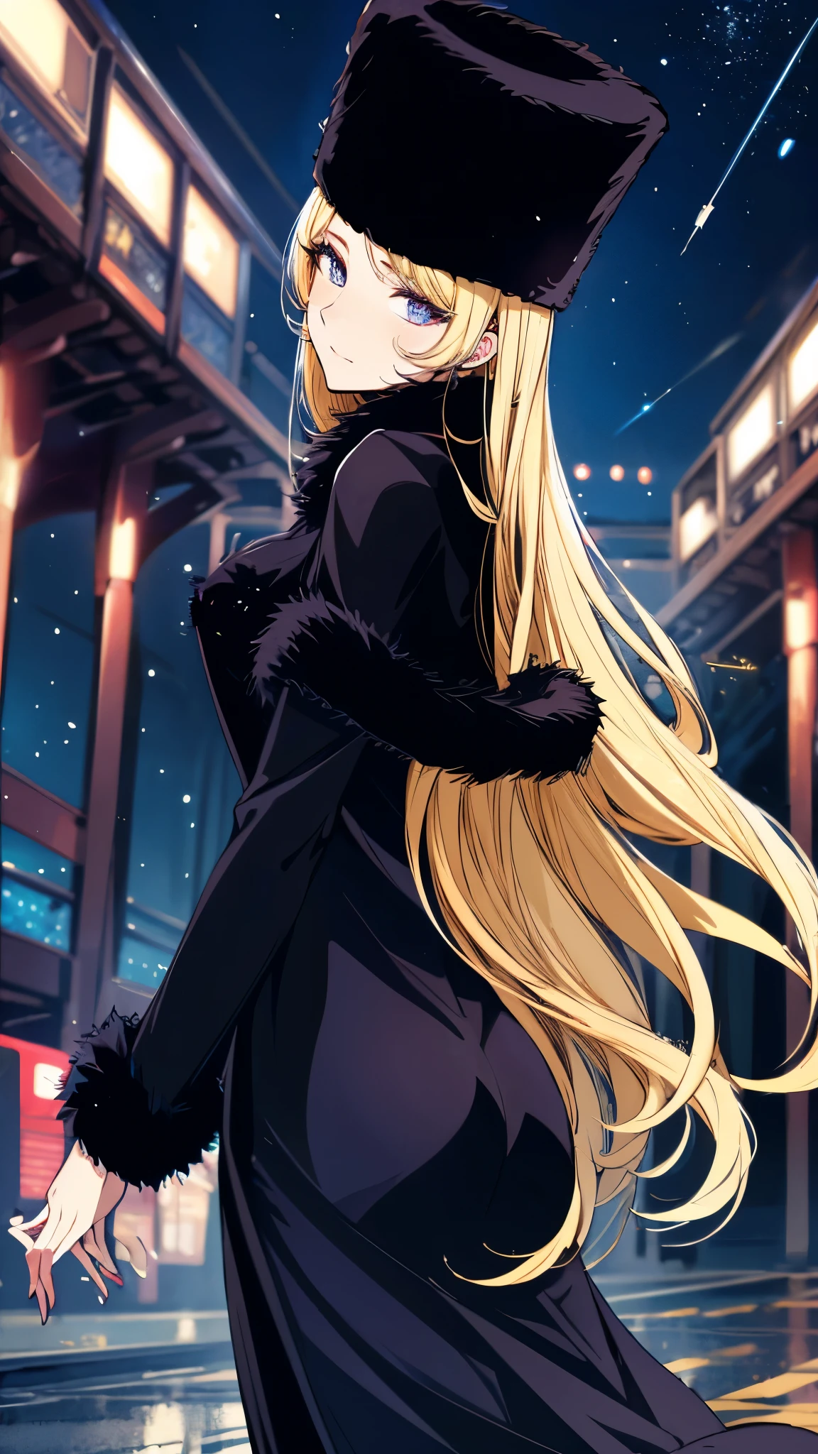 (cowboy shot:1.5),(Station platform),maetel, long hair, blonde hair,fur trim, black headwear, fur hat,cape,(long dress),(shiny skin),masterpiece,Noise Reduction,perfect anatomy,high resolution, ultra-detailed, ultra-detailed face,game cg,dutch angle ,beautiful detailed eyes,visualart,five fingers, perfect hands, perfect lighting, sparkling pupils,