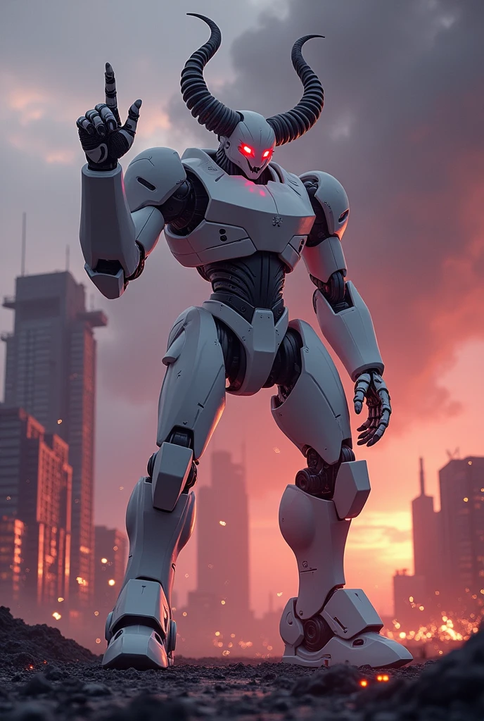 A large, white robotic demon with large horns is giving the middle finger.