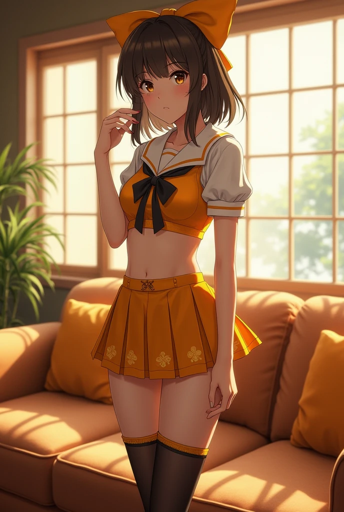 there is a woman standing on a couch in a living room, in a japanese apartment, thighhighs and skirt, belle delphine, wearing honey - themed miniskirt, sakimichan hdri, a hyperrealistic schoolgirl, in dress, けもの, asuka suit under clothes!, japanese goddess