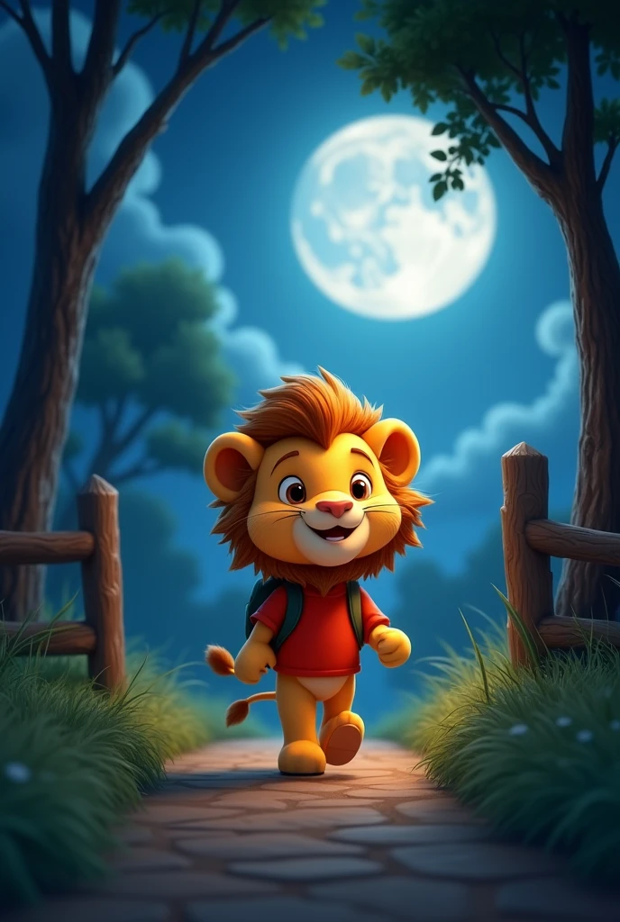 A cute cartoon lion character with a fluffy mane walks along a dimly lit path at night. The character wears a red shirt and carries a backpack, walking towards the viewer with an approachable expression. In the background, a full moon illuminates the night sky, and a wooden fence lines the path. The scene is atmospheric, evoking a sense of adventure and whimsy.