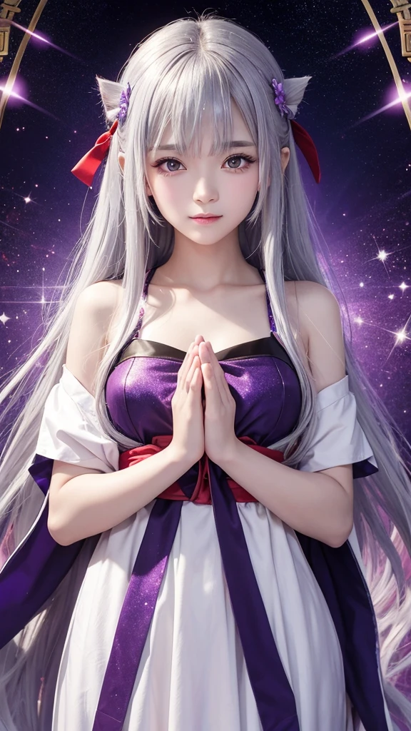 Shrine maiden、Look straight ahead、Look forward、Only from the chest up、Fantasy、Sparkle Effect, mysterious、Background glitter、Silver Hair 、Clasping hands
High resolution, Purple background