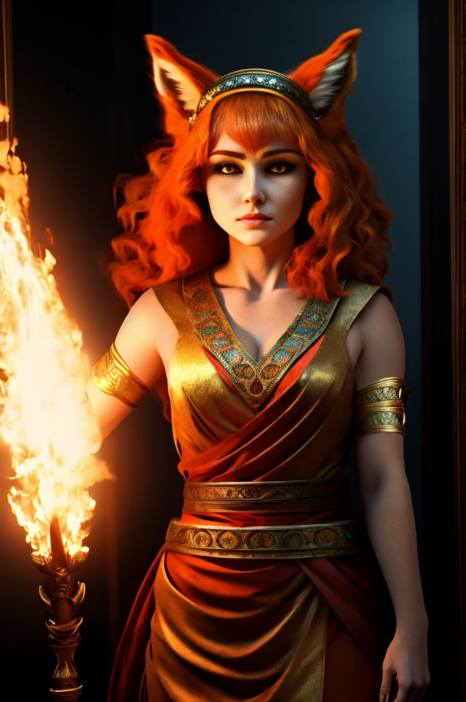 Hestia, goddess of the Hearth, homely, Sexy ginger human teen covered entirely in thick shaggy ginger fur, fiery ginger fur, long shaggy ginger fur, fiery eyes, sense of slight danger behind her beauty