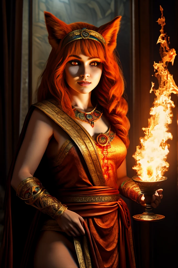 Hestia, goddess of the Hearth, homely, Sexy ginger human teen covered entirely in thick shaggy ginger fur, fiery ginger fur, long shaggy ginger fur, fiery eyes, sense of slight danger behind her beauty