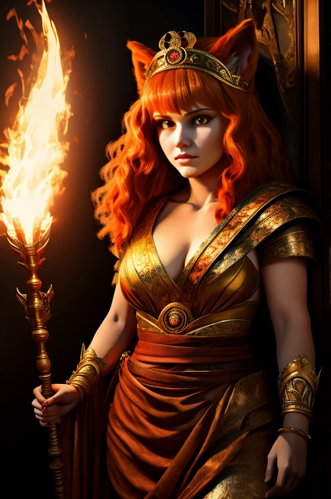Hestia, goddess of the Hearth, homely, Sexy ginger human covered entirely in thick shaggy ginger fur, fiery ginger fur, long shaggy ginger fur, fiery eyes, sense of slight danger behind her beauty