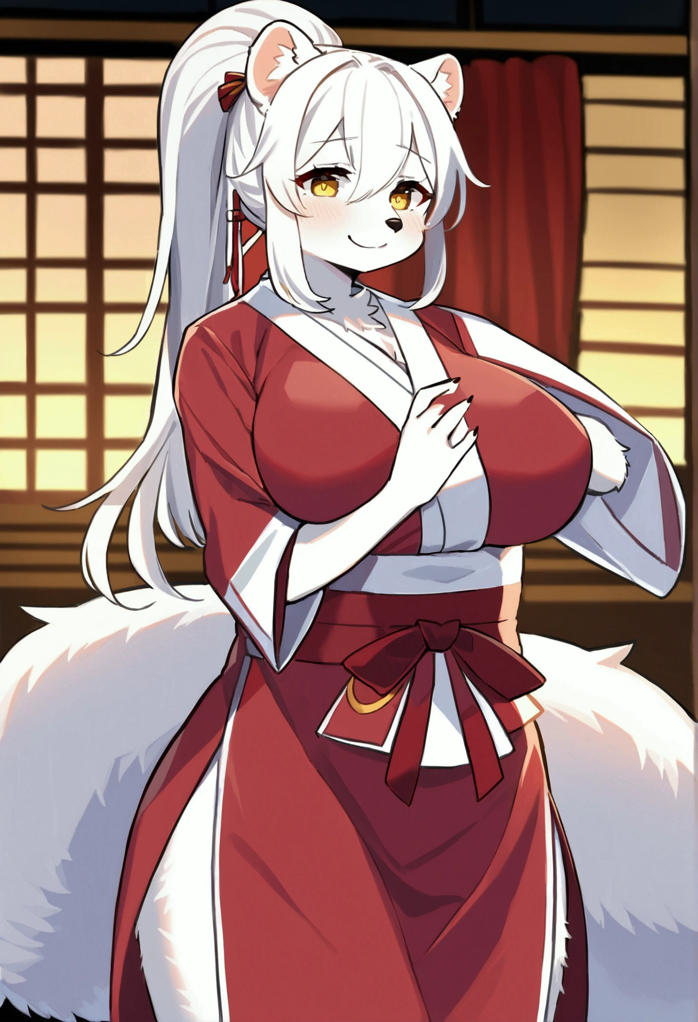 top quality, best quality, by 848siba, High-quality illustrations, masterpiece, 16k, 1080p, uploaded on e621)(kemono, furry, anthro, alone), round, 1 female, hot mother figure, very detailed body face and eyes, white ferret, Hanazono Chiyuki, (Sdorica), white fur, fluffy, big breasts, tail, perfect eyes, yellow eyes, white ponytail hair, beautiful japanese dress, theatre, scene, body movement, body twitching, shy smile, red blushing,