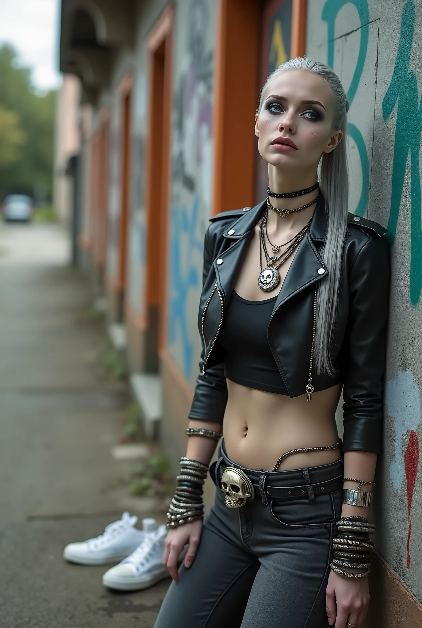 russian old milf woman, biker gang member, long grey hair (low ponitail) with very light blue eyes, extremely pale, heavy eye shadows. Thin. Sad, humbled face, smeared excessive make up and smeared excessive dark red lipstick Wearing cropped black moto jacket, black cropped t-shirt with rock band logo, skinny black jeans and white tennis sneakers. Lots of metallic bracelets. pentacle pendants. Tacky wide belt with massive skull and bones buckle . Tattoed. Piercing in belly button. Lots of rings and ethnic bracelets. Wide loop earrings. Sitting on the ground, looks at the camera in shame, mouth and eyes open in amazement. Toned abs, long neck, thin arms and legs