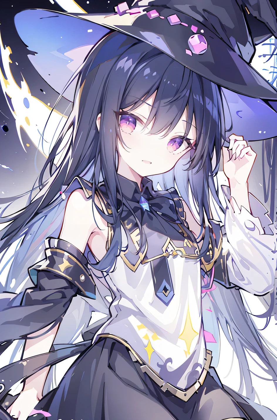 oung Girls,Humanity,A magician always smiles,big witch hat,cute,dark blue long hair,The eyes are dull,The bangs are heavy,Thin eyebrows,fantasy,intake,Double teeth,Star Theme,Constellation pattern,Solid color clothetal decoration,cloak,A bit of a dark atmosphere,A little crazy smile,When the big moon shines outside at night,blood,Hair black star embellishment,Short tie,No nails,High waist skirt,Bell sleeves,Long-sleeved shirt,Black tie,low risk,gentlemen。Mist、Yellow and white effect,Shocking pink as an accent color