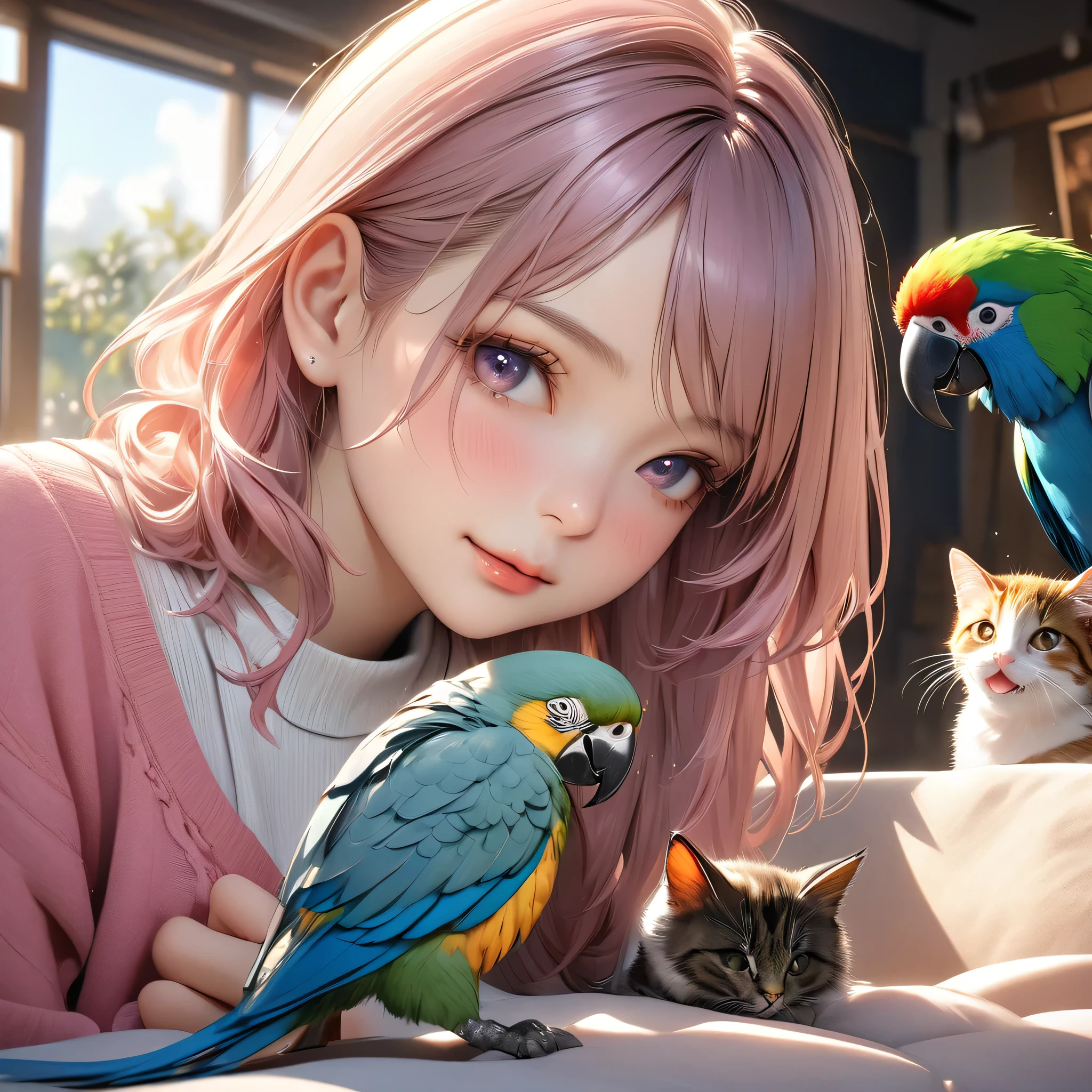 1girl, cute girl, playing with two cute cats, playing with a parrot, detailed intricate facial features, detailed hair, (best quality,4k,8k,highres,masterpiece:1.2),ultra-detailed,(realistic,photorealistic,photo-realistic:1.37),HDR,UHD,studio lighting,extremely detailed,professional,vivid colors,soft lighting,natural lighting,cute,whimsical,playful,warm colors,pastel colors