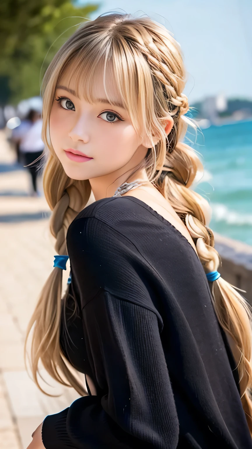 Sexy Big 、Sexy cute looks and cute 15 year old beautiful girl, beautiful and sexy face、A strong wind blows my hair in front of my face、beautiful long blonde French braided hair、beautiful, Cute and sexy eyes hidden behind long bangs