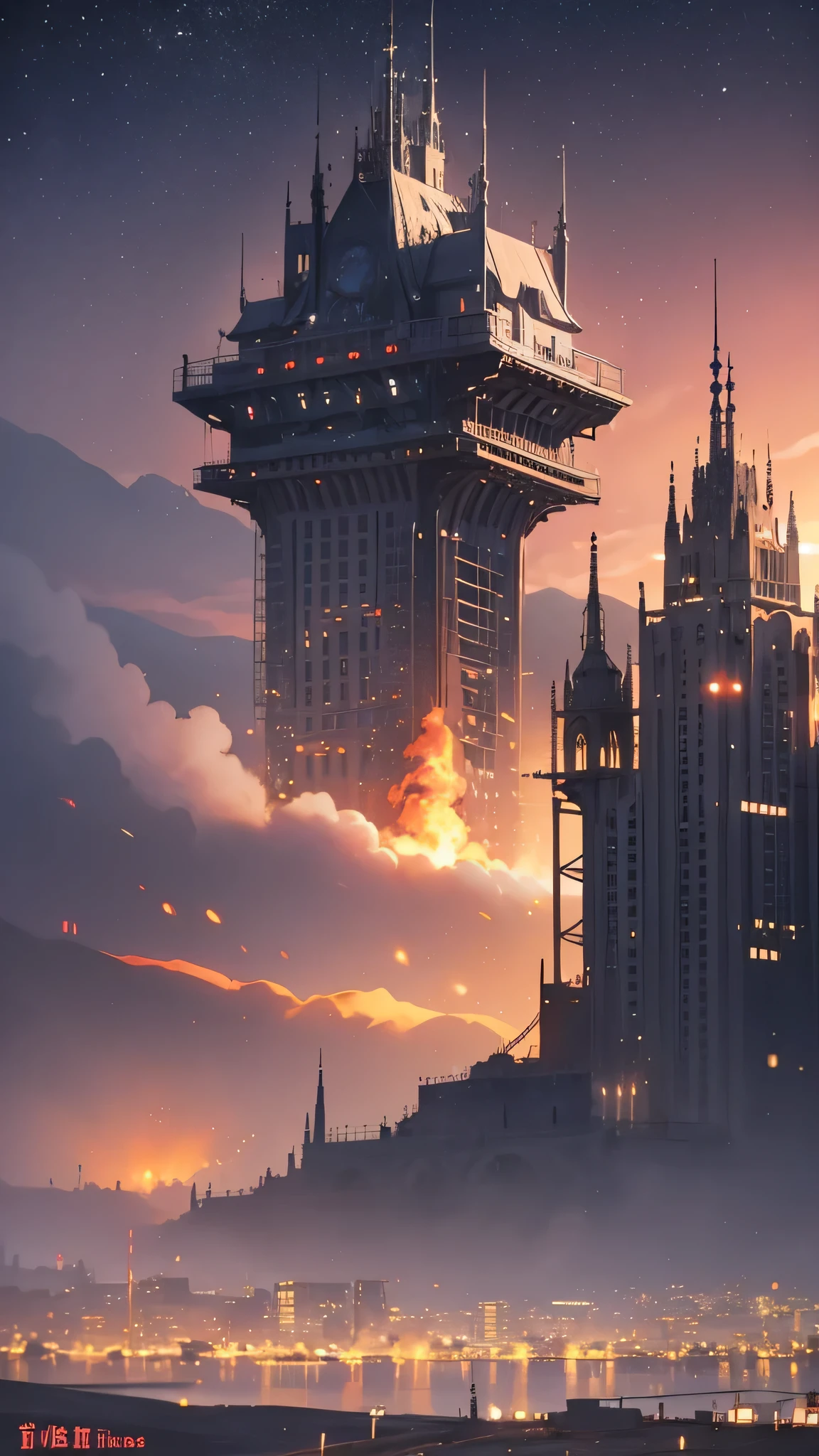 Mountain at dusk, A futuristic city floating in the desert in the background, Low clouds cover the mountains, Realistic+Very intricate detail, Colorful clothing, whole body, 16K.