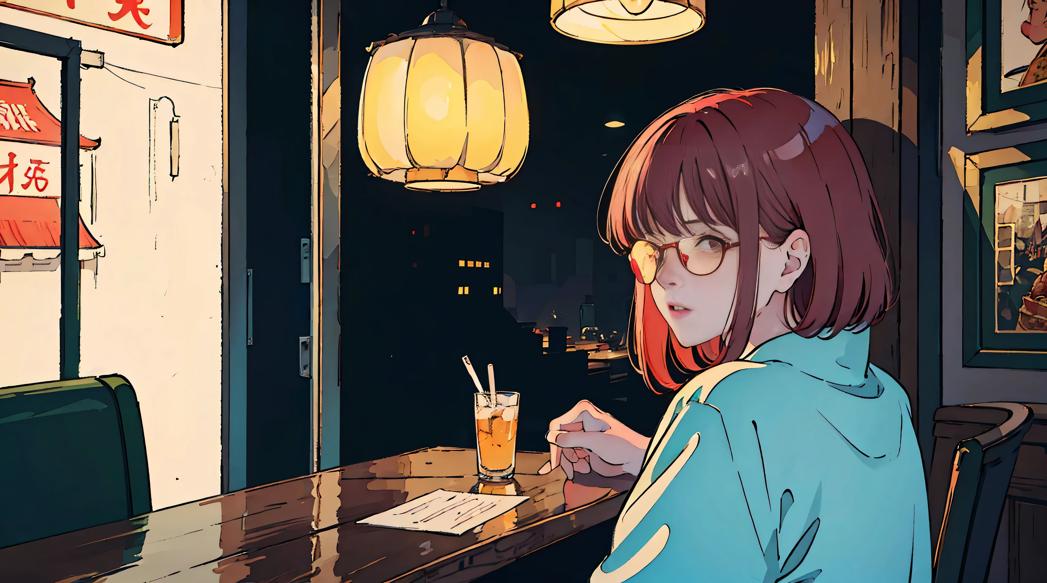 A beautiful red-haired Asian girl sitting in a restaurant at night, From the window you can see, Perfect face, sunglasses, Draw a white Taylormade cigarette, neon black, (Backlight: 1.1), Hard Shadows, masterpiece, best quality, complicated, Model shooting style, High quality, Film Grain, Incomplete details,Back to the future