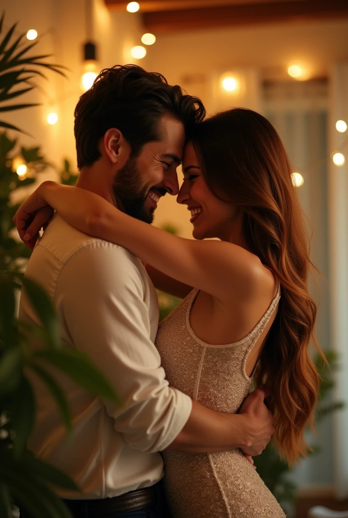 Create a view of hugging a sexy white woman with beautiful big breasts
