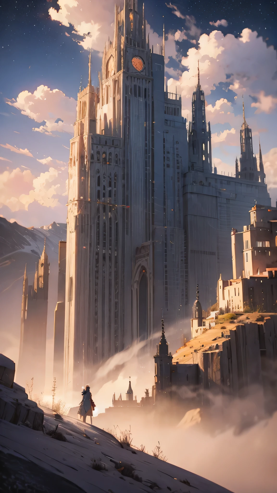 Mountain at dusk, A futuristic city floating in the desert in the background, Low clouds cover the mountains, Realistic+Very intricate detail, Colorful clothing, whole body, 16K.