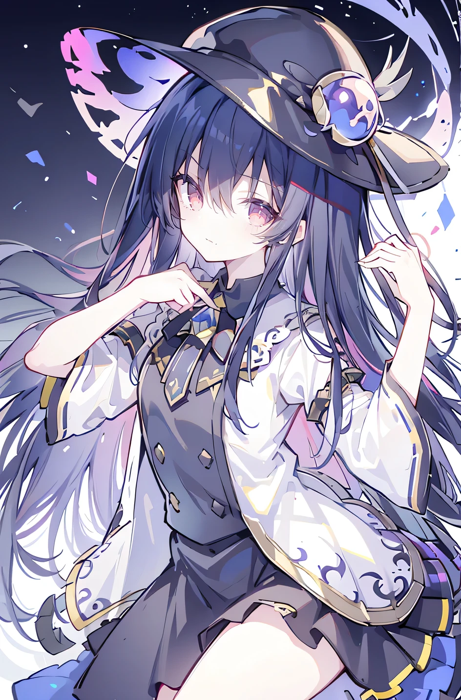 oung Girls,Humanity,A magician always smiles,big witch hat,cute,dark blue long hair,The eyes are dull,The bangs are heavy,Thin eyebrows,fantasy,intake,Double teeth,Star Theme,Constellation pattern,Solid color clothetal decoration,cloak,A bit of a dark atmosphere,A little crazy smile,When the big moon shines outside at night,blood,Hair black star embellishment,Short tie,No nails,High waist skirt,Bell sleeves,Long-sleeved shirt,Black tie,low risk,gentlemen。Mist、Yellow and white effect，Shocking pink as an accent color