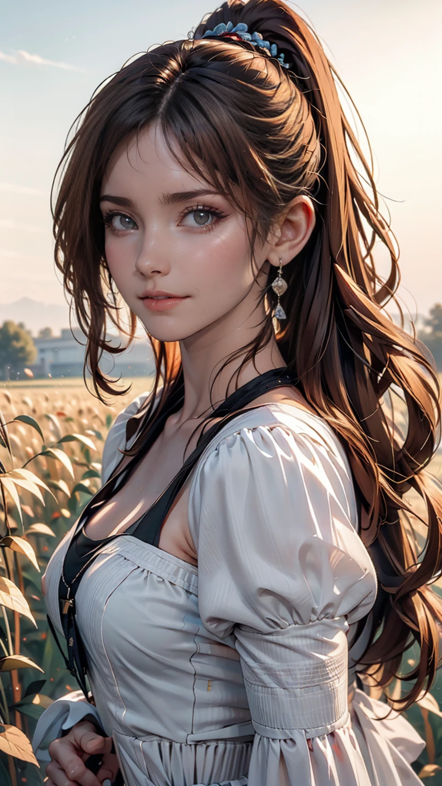 (masterpiece:1.4),, (Highest quality:1.4),, Ultra-high resolution,, 8k, CG,, (Very delicate and beautiful:1.2),, , Upper Body,, From the side,, View your viewers,, , One girl,, alone,, Fashionable Girl,, mature,, , cute, sweet,, , In the wheat field,, Blurred Background,, , Long brown hair,, ponytail,, , Brown eyes,, Mouth closed,, Red lips,, , Face blown by the wind,, , White Dress,, Medium chest,