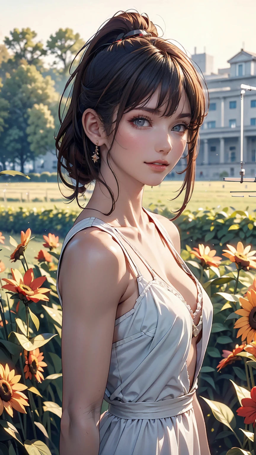 (masterpiece:1.4),, (Highest quality:1.4),, Ultra-high resolution,, 8k, CG,, (Very delicate and beautiful:1.2),, , Upper Body,, From the side,, View your viewers,, , One girl,, alone,, Fashionable Girl,, mature,, , cute, sweet,, , In the wheat field,, Blurred Background,, , Long brown hair,, ponytail,, , Brown eyes,, Mouth closed,, Red lips,, , Face blown by the wind,, , White Dress,, Medium chest,