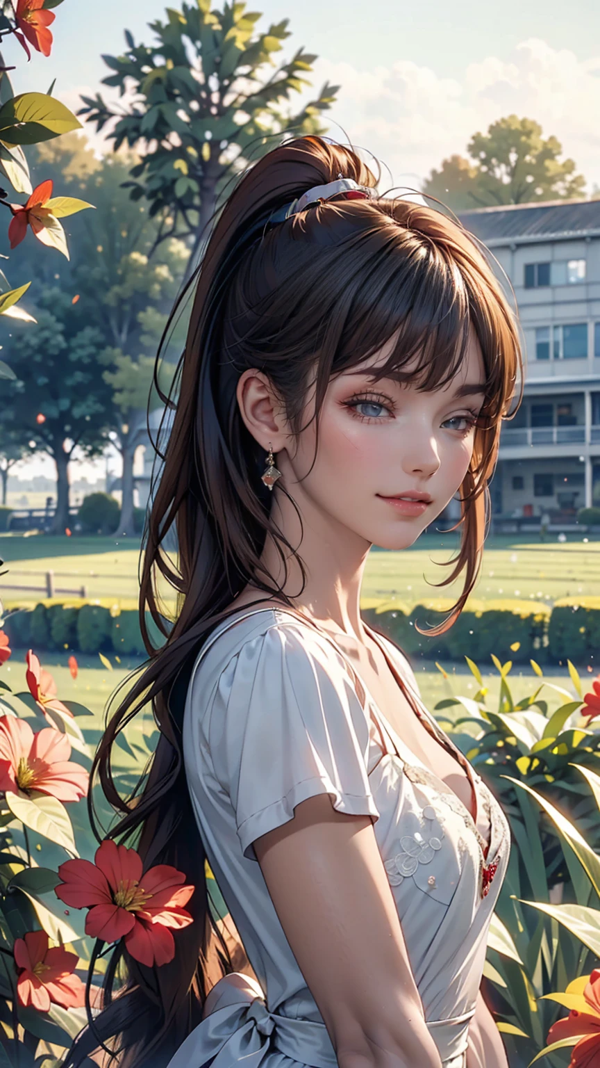 (masterpiece:1.4),, (Highest quality:1.4),, Ultra-high resolution,, 8k, CG,, (Very delicate and beautiful:1.2),, , Upper Body,, From the side,, View your viewers,, , One girl,, alone,, Fashionable Girl,, mature,, , cute, sweet,, , In the wheat field,, Blurred Background,, , Long brown hair,, ponytail,, , Brown eyes,, Mouth closed,, Red lips,, , Face blown by the wind,, , White Dress,, Medium chest,