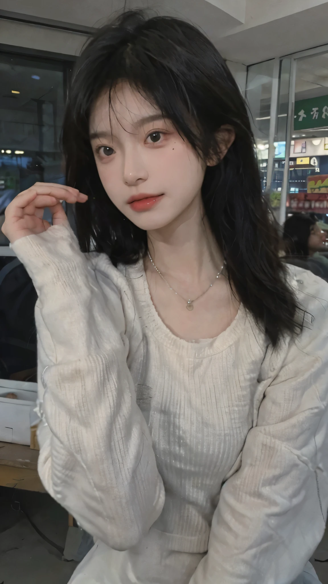 Best quality,Ultra-high resolution,(Realism:1.4),Cute hairpins,girll,Cropped black sweater,Look directly at the audience,Make an OK sign with your hand.,Full of atmosphere,Beautiful woman with a slim figure:1.4,supermarket,whole body,Super delicate face,Exquisite eyes,Double eyelids,necklace