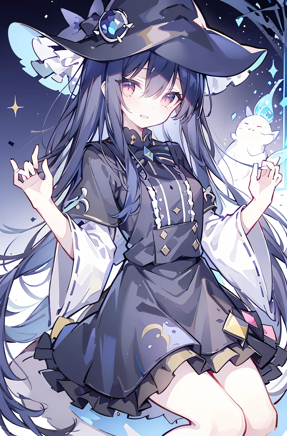 oung Girls,Humanity,A magician always smiles,big witch hat,cute,dark blue long hair,The eyes are dull,The bangs are heavy,Thin eyebrows,fantasy,intake,Double teeth,Star Theme,Constellation pattern,Solid color clothetal decoration,cloak,A bit of a dark atmosphere,A little crazy smile,When the big moon shines outside at night,blood,Hair black star embellishment,Short tie,No nails,High waist skirt,Bell sleeves,Long-sleeved shirt,Black tie,low risk,gentlemen。Mist、Yellow and white effect,Shocking pink as an accent color