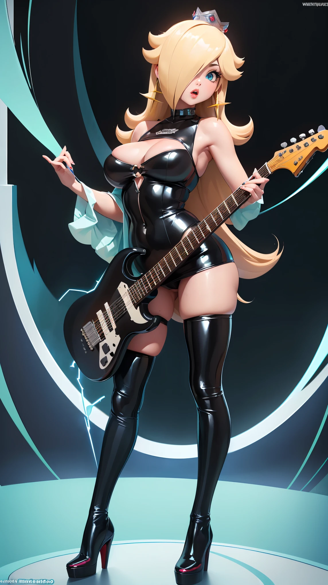 (best quality). (Ultra Detalhado). (1girl), Olhando para o Viewer. (Antecedentes detalhados). belos olhos detalhados. rosto delicado e bonito. (high saturation), seios grandes, droopy breasts, (((sexy rockstar latex outfit))), (((long legs))), (((playing the electric guitar))),