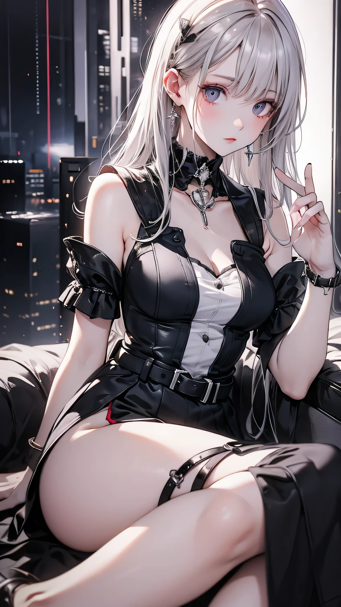 (One person:1.3), alone, __Body parts__ Delicate and realistic skin, Pale skin, big, Official Art, Unified 16k wallpapers, Super detailed, beauty and aesthetics, beauty, masterpiece, Highest quality, In Cyberpunk City, Great atmosphere, A calming color palette, Peaceful mood, Soft Shadows, Flight attendant uniform, Glamour