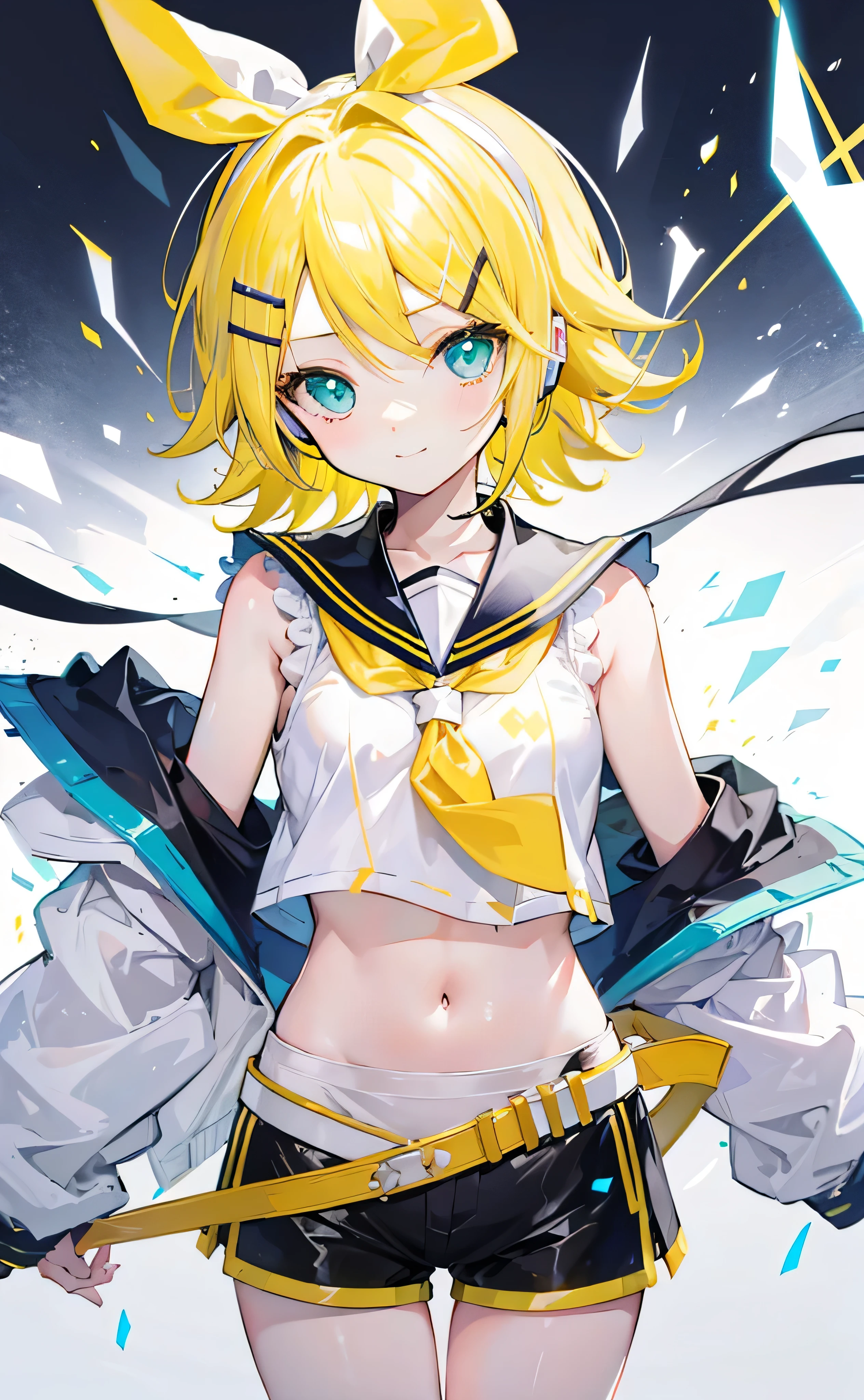 Highest quality、Ultra-precision、One Girl、(Kagamine_Also)、Green Eyes、Cute S、short hair、White Hair Ribbon、Barrette、Headphones、Blonde、Sailor suit、Black shorts、belt、Yellow neckerchief、No sleeve、smile、high school student、sister、Large breasts against a white background、Yellow Eyes