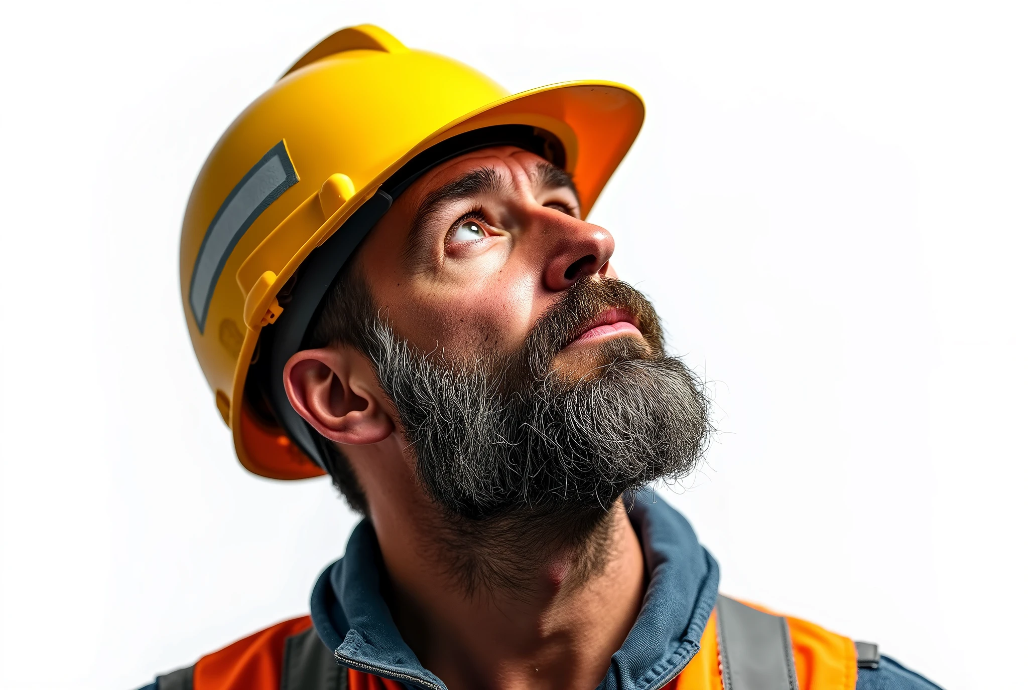 (photorealism:1.2), Portrait of a construction worker wearing helmet and looking up isolated on a white background.