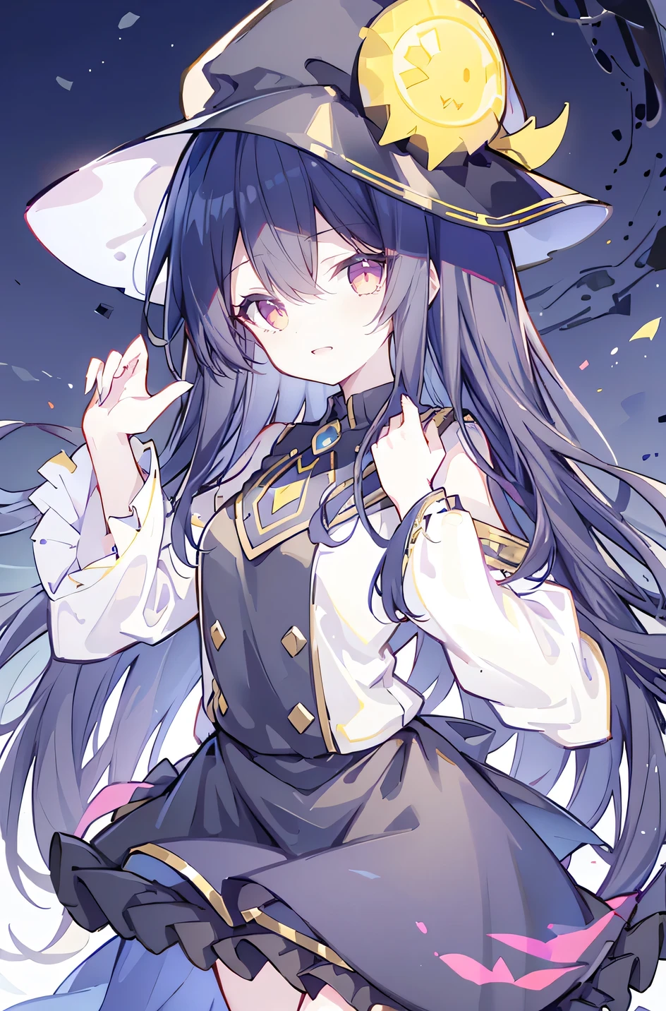 oung Girls,Humanity,A magician always smiles,big witch hat,cute,dark blue long hair,The eyes are dull,The bangs are heavy,Thin eyebrows,fantasy,intake,Double teeth,Star Theme,Constellation pattern,Solid color clothetal decoration,cloak,A bit of a dark atmosphere,A little crazy smile,When the big moon shines outside at night,blood,Hair black star embellishment,Short tie,No nails,High waist skirt,Bell sleeves,Long-sleeved shirt,Black tie,low risk,gentlemen。Mist、Yellow and white effect，Shocking pink as an accent color