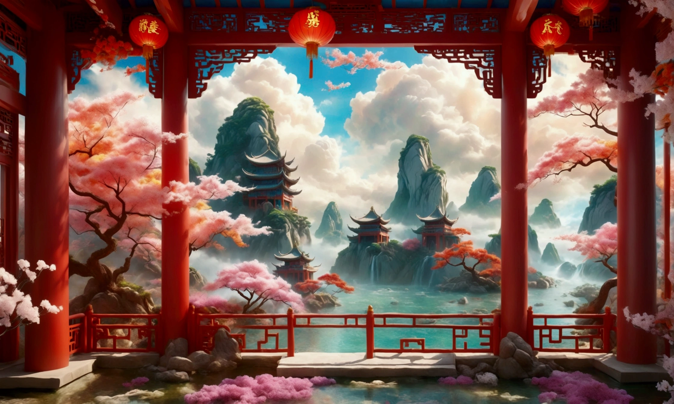 [Vision:1.0]，[Wide Angle:1.0]，Chinese-style 3D arch with buildings and flowers inside, fantastical landscape, ethereal cloud scene, colorful animated still life, detailed miniatures, fairy tale background, traditional Chinese architecture, surreal water in front of an island surrounded by floating clouds, bright colors, soft lighting, perfect details, Unreal Engine rendering, movie poster design, octane rendering, Bright colors，Bright，Ultra high saturation，rgb, Colorful)，(High contrast:1.5)，(whole body:1.8), magazine photography，Popular on social platforms，((Dopamineism))，(((Dopamine color matching)))，Dopamine，(in the style of Y2K)，Luo Erchun，Three-dimensional ancient style，Oriental poetry and painting