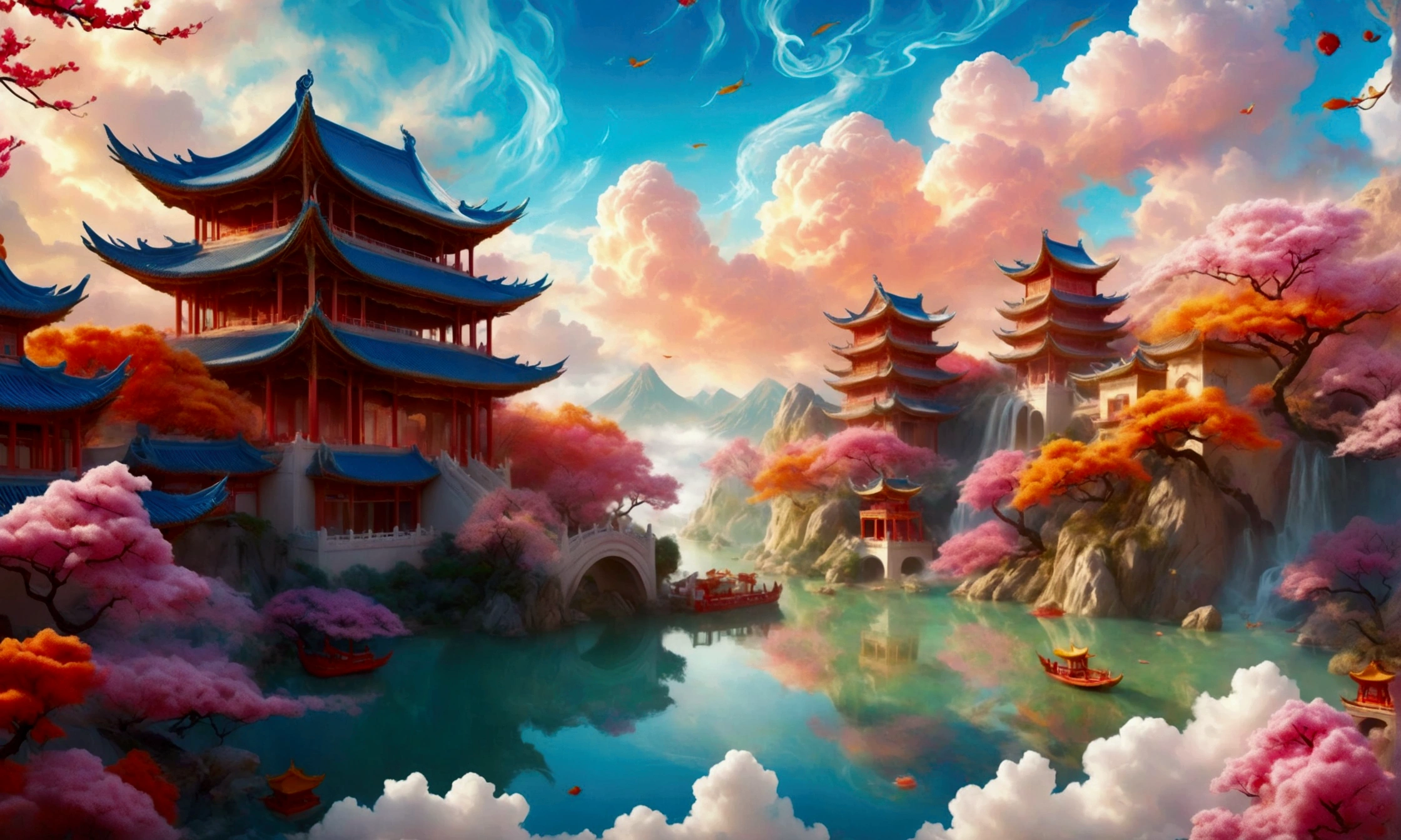 [Vision:1.0]，[Wide Angle:1.0]，Chinese-style 3D arch with buildings and flowers inside, fantastical landscape, ethereal cloud scene, colorful animated still life, detailed miniatures, fairy tale background, traditional Chinese architecture, surreal water in front of an island surrounded by floating clouds, bright colors, soft lighting, perfect details, Unreal Engine rendering, movie poster design, octane rendering, Bright colors，Bright，Ultra high saturation，rgb, Colorful)，(High contrast:1.5)，(whole body:1.8), magazine photography，Popular on social platforms，((Dopamineism))，(((Dopamine color matching)))，Dopamine，(in the style of Y2K)，Luo Erchun，Three-dimensional ancient style，Oriental poetry and painting