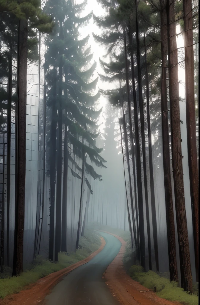 tall pine trees in a forest with a foggy sky, a stock photo by Robert J. Brawley, flickr, renaissance, pine forest, florida, pine forests, sparse pine forest, swamp forest, lush evergreen forest, in serene forest setting, evergreen forest, serene forest setting, lush forest landscape, tropical forest, lush forest in background, dark pine trees