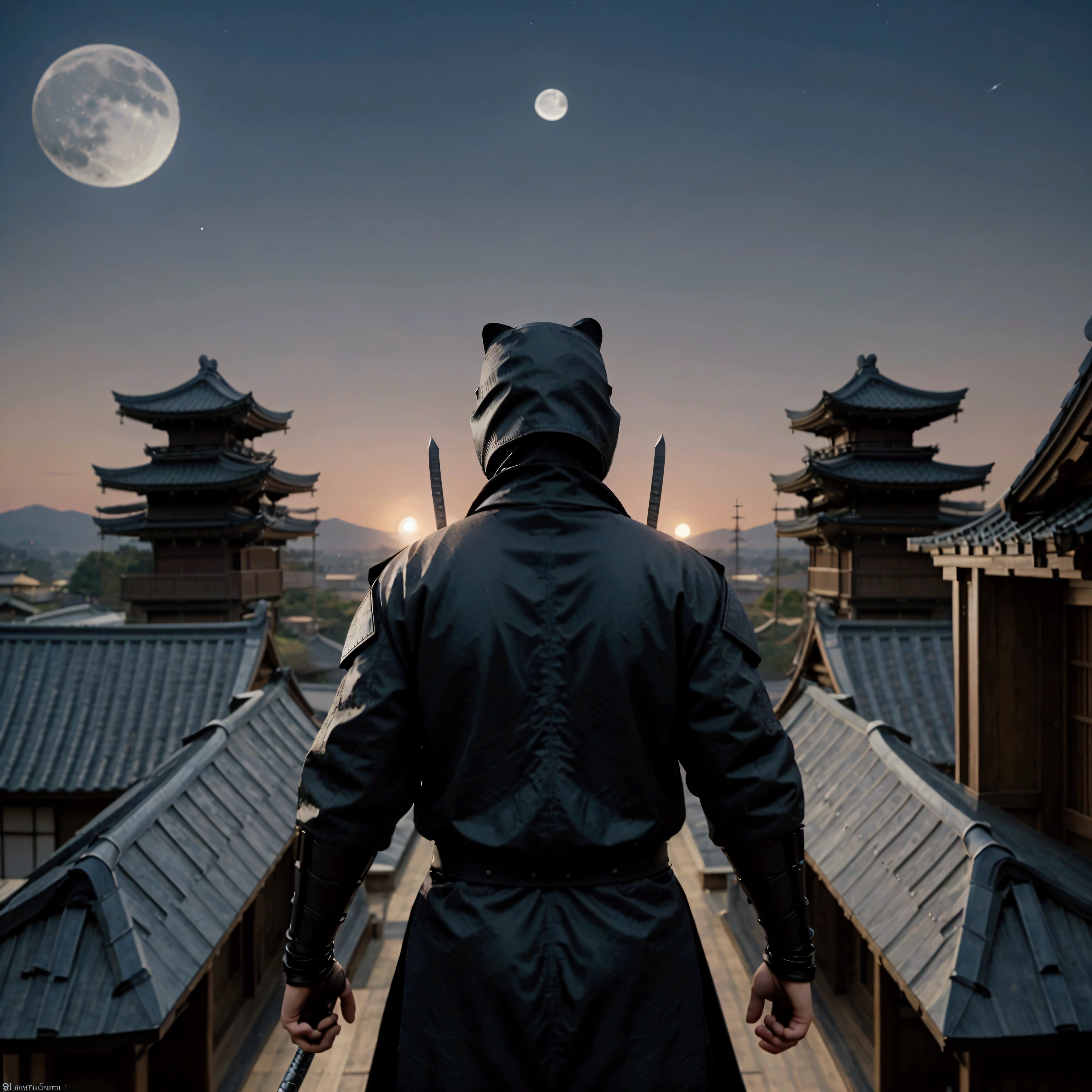 A faceless ninja looking back. The ninja is fully armoured, wearing a hat. There a re two swords on his back. The background is cool textured. The time is night and the moon is big the ninja is standing on the top of a japanese house.