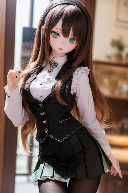 (SFW:2), photorealistic, realistic photo, 8k, ((highest quality)), ((masterpiece)), (extremely detailed), kukolnydom, doll, (mature woman, 21yo, 21 years old, solo:1.6), ((cowboy shot, acrobatic pose, slim, slender, skinny, medium breasts, hairband, ascot, vest, dress shirt, long puff sleeves, pleated skirt, black pantyhose)), (parted lips, green eyes, brown hair, long hair, plastic skin, looking at another, glass eyes, gradient eyes, shining eyes, detailed eyes:1.3)