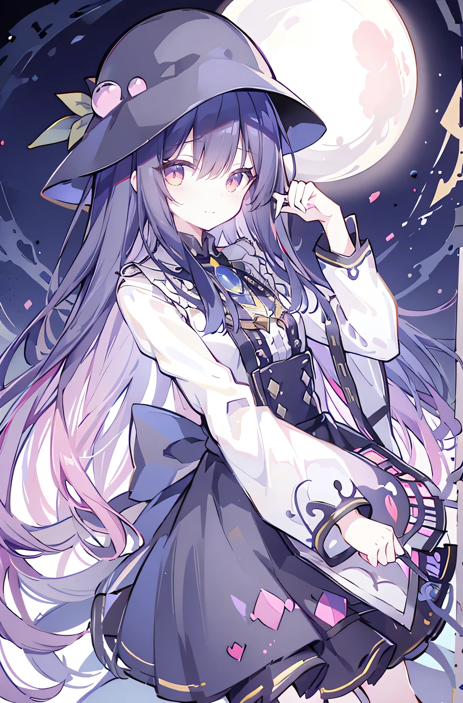 oung Girls,Humanity,A magician always smiles,big witch hat,cute,dark blue long hair,The eyes are dull,The bangs are heavy,Thin eyebrows,fantasy,intake,Double teeth,Star Theme,Constellation pattern,Solid color clothetal decoration,cloak,A bit of a dark atmosphere,A little crazy smile,When the big moon shines outside at night,blood,Hair black star embellishment,Short tie,No nails,High waist skirt,Bell sleeves,Long-sleeved shirt,Black tie,low risk,gentlemen。Mist、Yellow and white effect，Shocking pink as an accent color