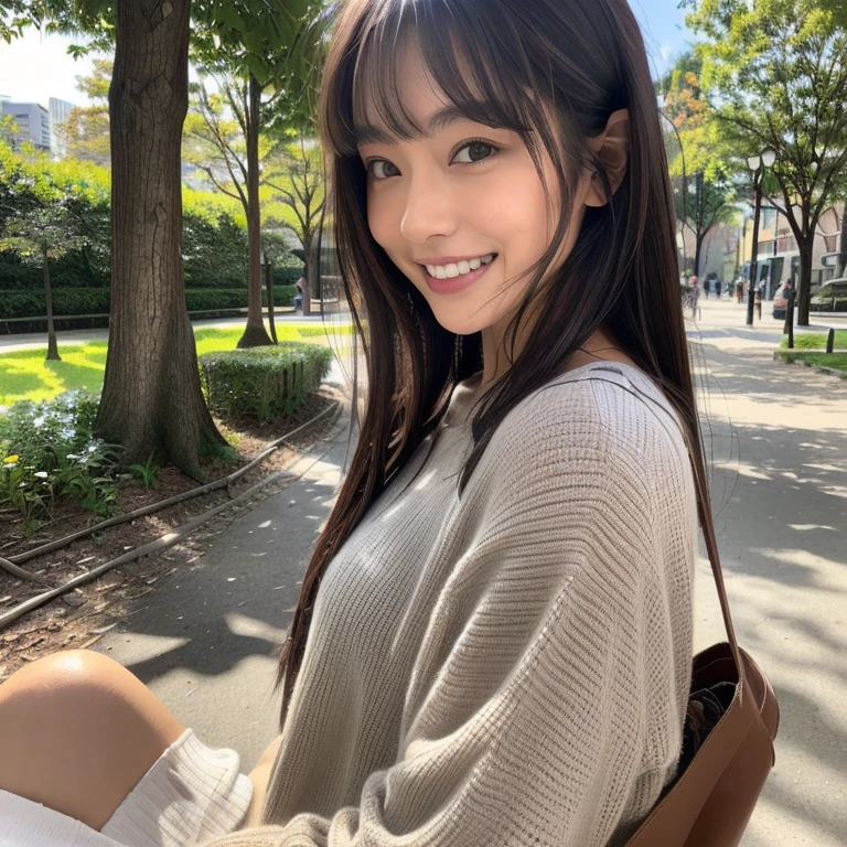 8k、(masterpiece, Highest quality:1.4)、Very realistic、Japanese、One Woman、She has a tall and slender figure with long legs.、Flat Chest、(((Description：Meeting at the park、clothing：大人の女性らしい落ち着いていてさらにセクシーはclothing))、38 years old、(Hairstyle：Bangs(1.6))、The best smile、