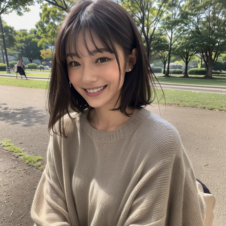 8k、(masterpiece, Highest quality:1.4)、Very realistic、Japanese、One Woman、She has a tall and slender figure with long legs.、Flat Chest、(((Description：Meeting at the park、clothing：大人の女性らしい落ち着いていてさらにセクシーはclothing))、38 years old、(Hairstyle：Bangs(1.6))、The best smile、