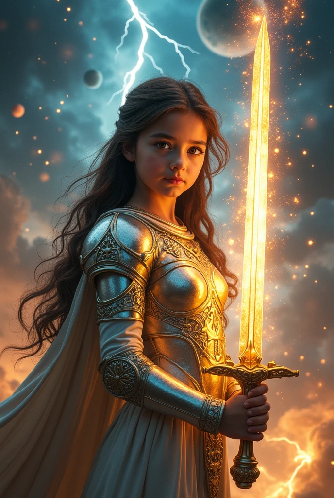 1 girl, ((Our Lady of Guadalupe)), cute face, perfect face, beauty face, very long hair, (silver and gold armor,) (Celestial glow armor), sword on hands, (Lightning and thunder coming out from the armor) , attack position, front pose, deep neckline, focus in tits, Looking at the sky, shine sky, stars, planets, galaxy, view from above