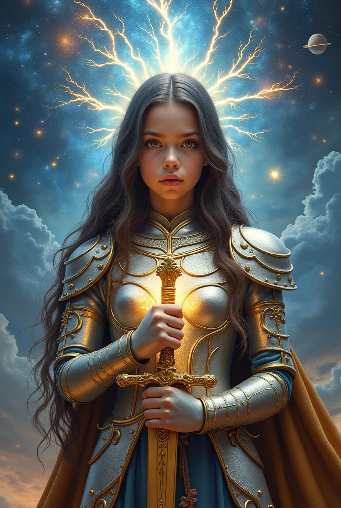 1 girl, ((Our Lady of Guadalupe)), cute face, perfect face, beauty face, very long hair, (silver and gold armor,) (Celestial glow armor), sword on hands, (Lightning and thunder coming out from the armor) , attack position, front pose, deep neckline, focus in tits, Looking at the sky, shine sky, stars, planets, galaxy, view from above
