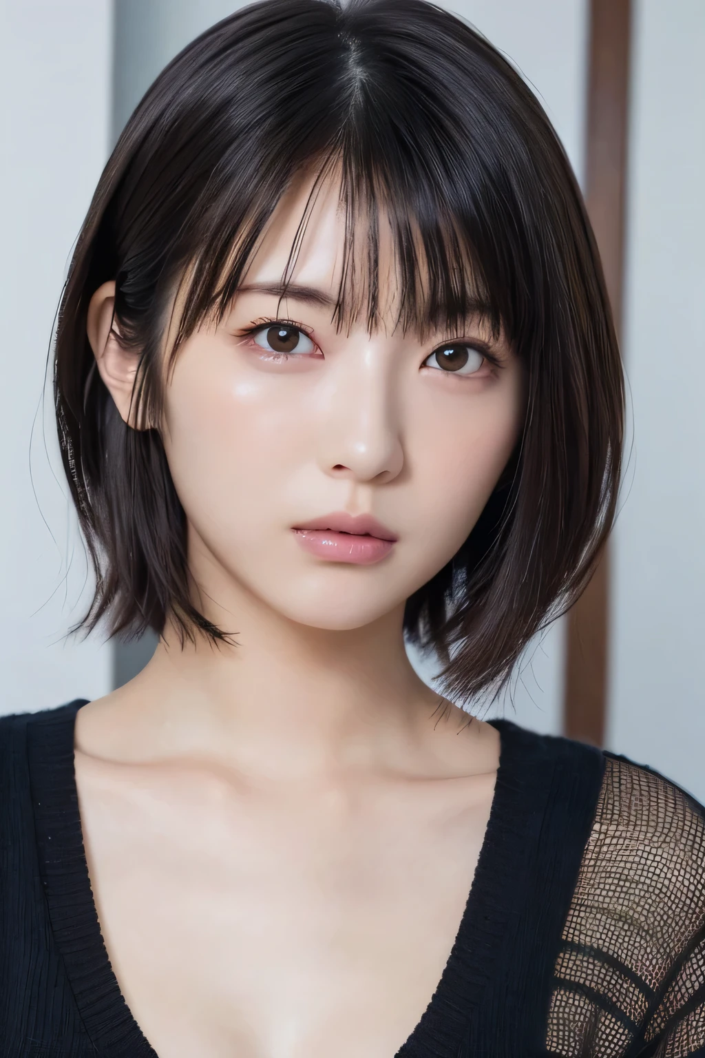 (Super Beauty:1.2), A clean-cut woman, masterpiece, Highest quality, Great Skin,
Delicate face, Angry expression, Young Face, Clean look, Sparkling eyes, double eyelid,
small, Ample breasts、
((High resolution)), ((Highly detailed CG Unity 8K wallpapers)),
short hair, bangs, Elegant rounded bob,
Portrait of a woman wearing a black sweater, captivating and mesmerizing, Dimly lit room, sentimental、