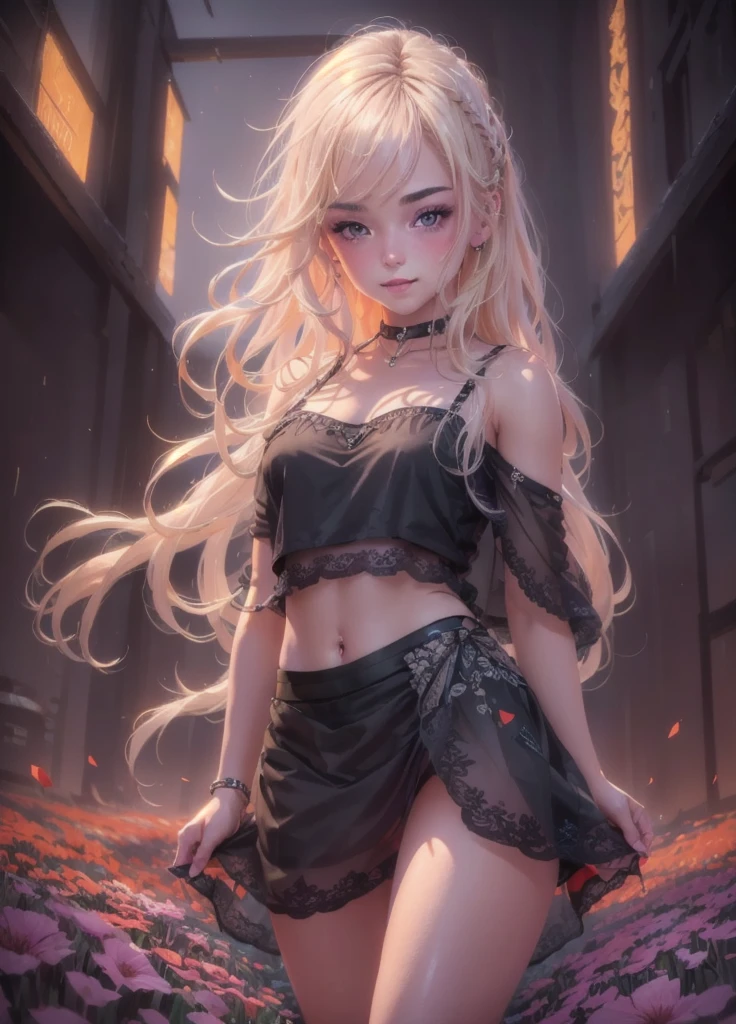 0l1d7, blonde hair,, (32K resolution, masterpiece, ultra high quality, best quality, ultra high definition, perfect anatomy, Incredibly detailed, RAW,, photorealistic, cinematic lighting, exquisitely detailed, extremely intricate, 8k UHD, high resolution), (1girl), cropped off-shoulder tank top, skirt, elegant hair, standing in the middle of a flower field, seductive smile, dynamic vivid colors