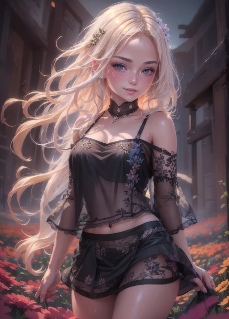 0l1d7,  blonde hair,, (32K resolution, masterpiece, ultra high quality, best quality, ultra high definition, perfect anatomy, Incredibly detailed, RAW,, photorealistic, cinematic lighting, exquisitely detailed, extremely intricate, 8k UHD, high resolution), (1girl), cropped  off-shoulder tank top,  skirt, elegant hair, standing in the middle of a flower field,  seductive smile, dynamic vivid colors