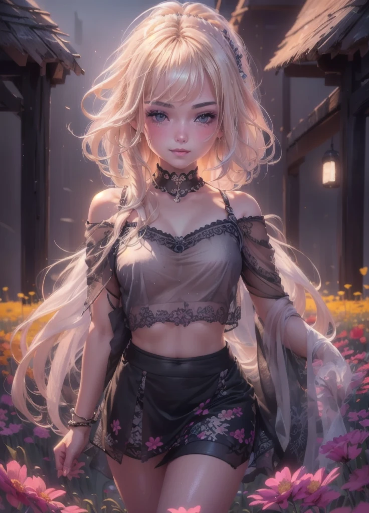 0l1d7,  blonde hair,, (32K resolution, masterpiece, ultra high quality, best quality, ultra high definition, perfect anatomy, Incredibly detailed, RAW,, photorealistic, cinematic lighting, exquisitely detailed, extremely intricate, 8k UHD, high resolution), (1girl), cropped  off-shoulder tank top,  skirt, elegant hair, standing in the middle of a flower field,  seductive smile, dynamic vivid colors