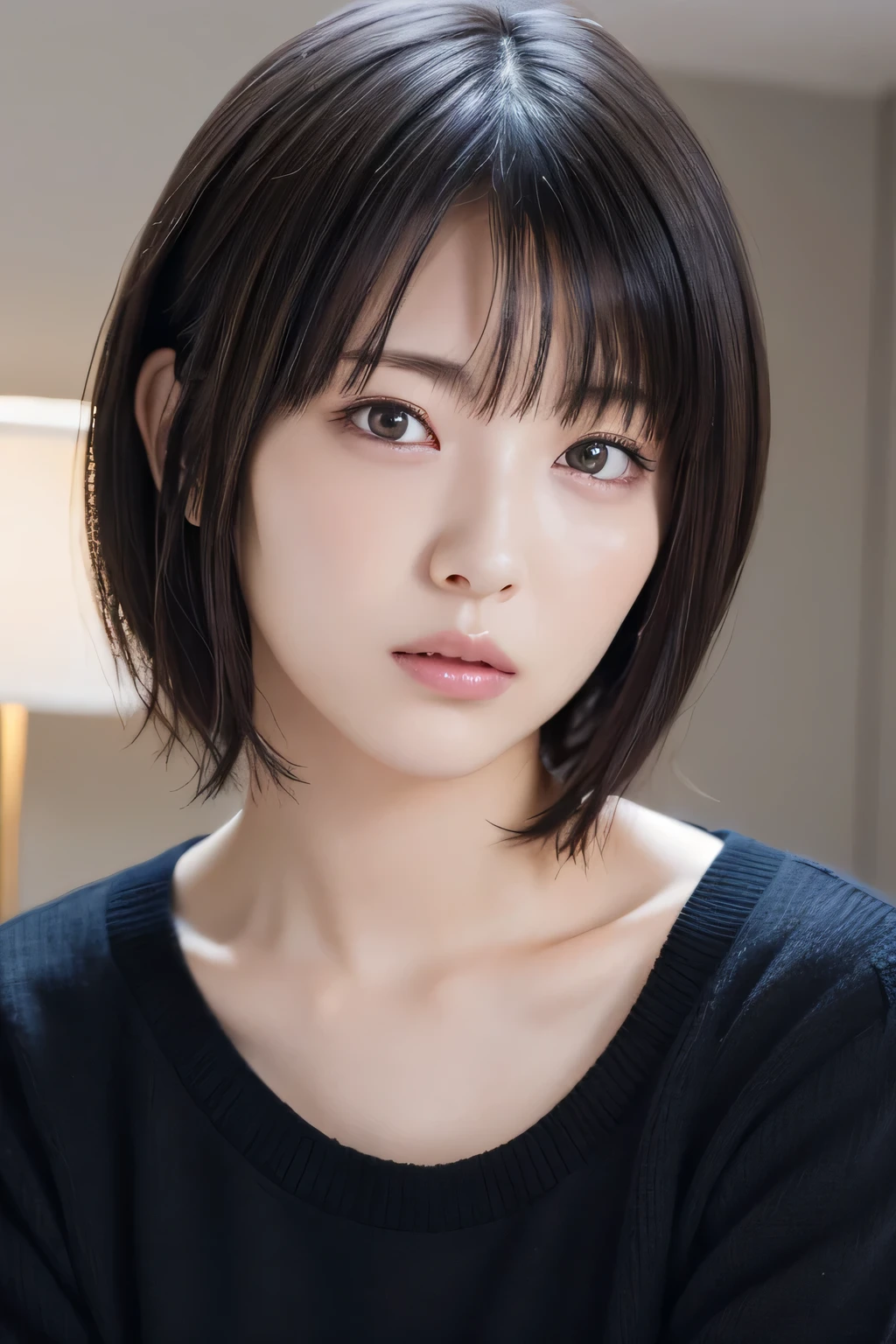 (Super Beauty:1.2), A clean-cut woman, masterpiece, Highest quality, Great Skin,
Delicate face, Angry expression, Young Face, Clean look, Sparkling eyes, double eyelid,
small, Ample breasts、
((High resolution)), ((Highly detailed CG Unity 8K wallpapers)),
short hair, bangs, Elegant rounded bob,
Portrait of a woman wearing a black sweater, captivating and mesmerizing, Dimly lit room, sentimental、