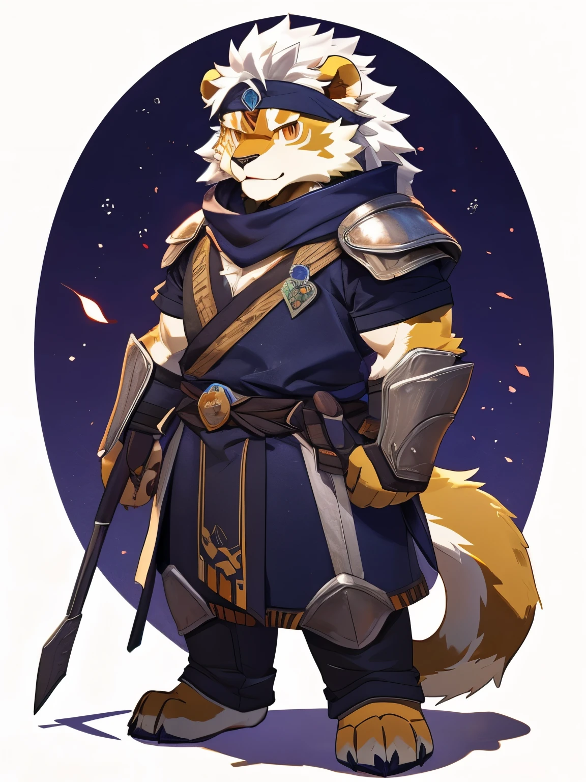 nj5furry，kemono，full-length portrait，anthro，hi res，male，White hair，lion，warrior，Headband，Metal Armor，strong，Plush paw，Fluffy hair，Plush tail，A tail，Delicate eyes，Detailed eyes
