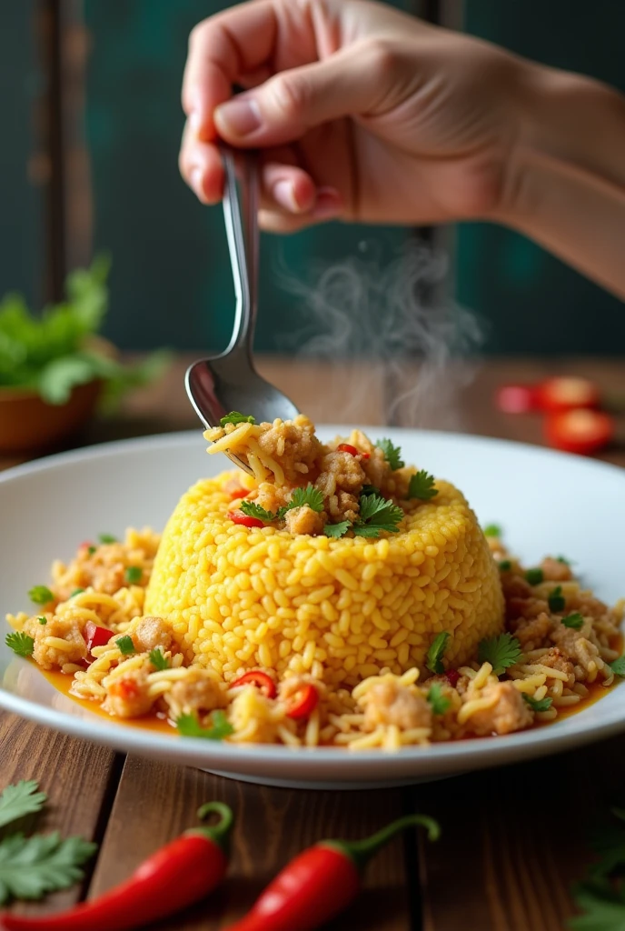 A dish where fluffy egg yolks are wrapped around chicken rice.　Eating with a spoon　