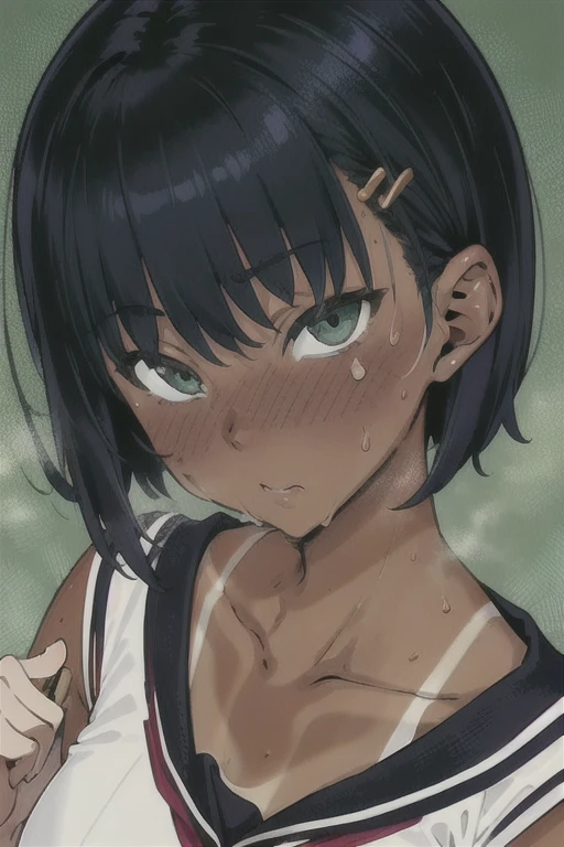 (a girl, Navy Blue Hair, Short Hair, hairpin, Green Eyes, Tanned brown skin, Healthful, Sweat, West Shot), Death face