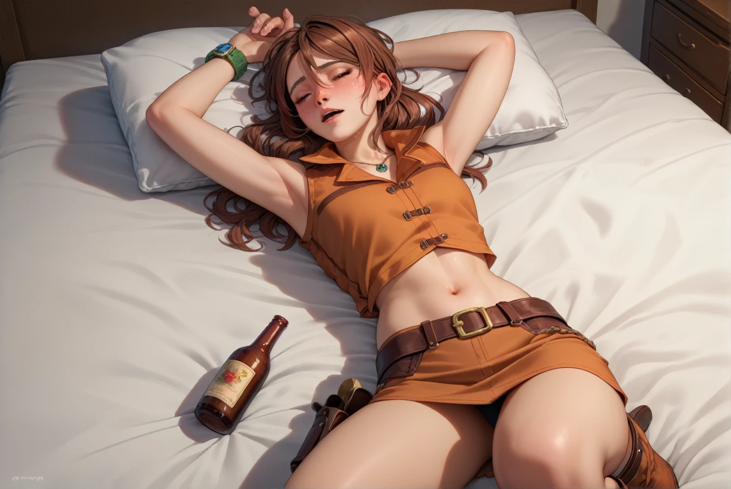 Gemini Sunrise,Brown sleeveless collared cowgirl shirt,Ultra mini skirt,Western belt with holster,Western Boots,Watch on wrist,Navel exposed,Drunk,Above the knee shot,Look ahead,Lying in bed,Ultra-high resolution,16K