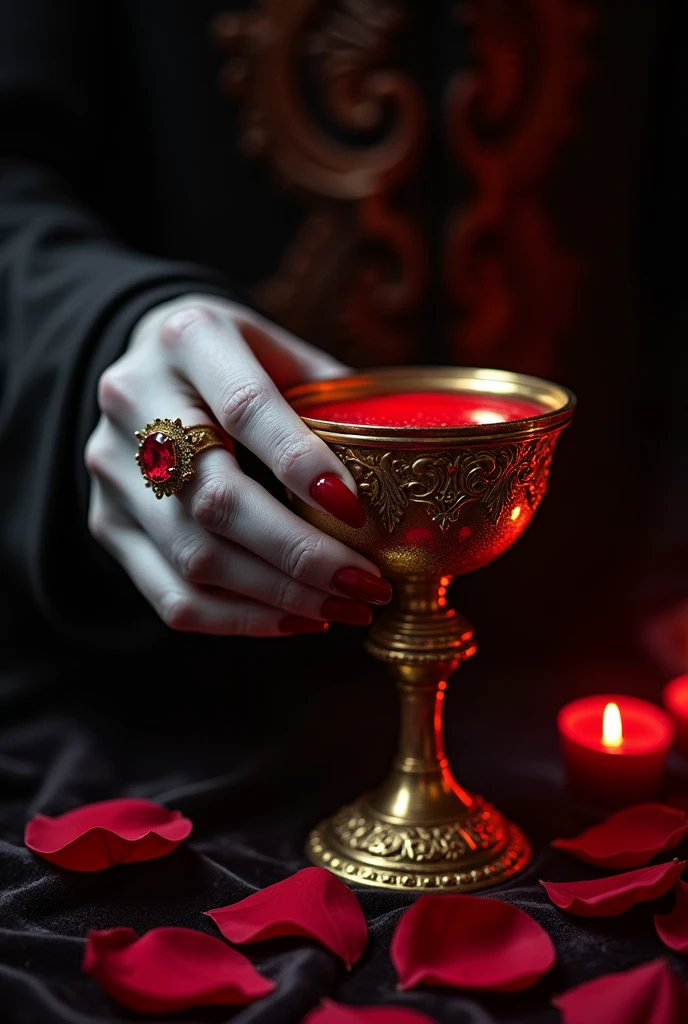 A close-up of a vampire's hand holding a big golden grail filled with blood on the table with rose pedals, glowing red liquid inside the grail, holding with single hand, focus on the hand, hand with a ruby ring, skinny hand, pale gray skin, crimson nail color, velvet tunic, sharp and pointy nails, photorealistic, ethereal, dramatic lighting, chiaroscuro, intricate details, gothic horror, dark fantasy, deep red colors, dramatic shadows, moody atmosphere